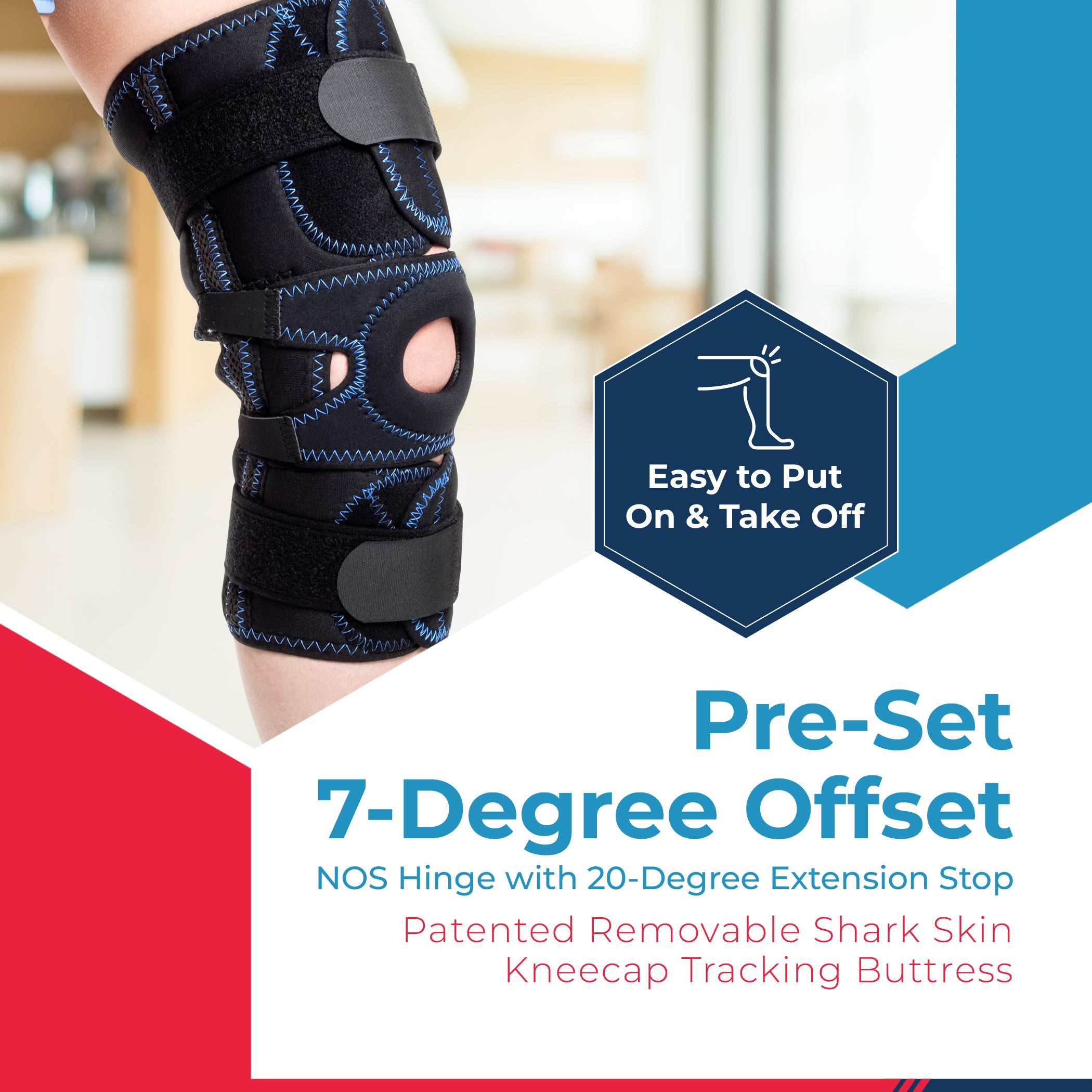 Osteoarthritis (OA) Wraparound Brace with Patella Buttress (OAW). With extension stop kit of 0-30 degrees and condyle spacer pad for added correction.