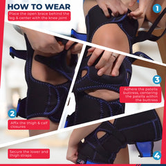 Osteoarthritis (OA) Wraparound Brace with Patella Buttress (OAW). With extension stop kit of 0-30 degrees and condyle spacer pad for added correction.