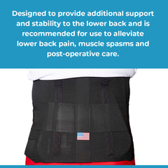 Back side of the L5N brace with text on the image saying " Designed to provide additional support and stability to the lower back and is recommended for use to alleviate lower back pain, muscle spasms and post-operative care"